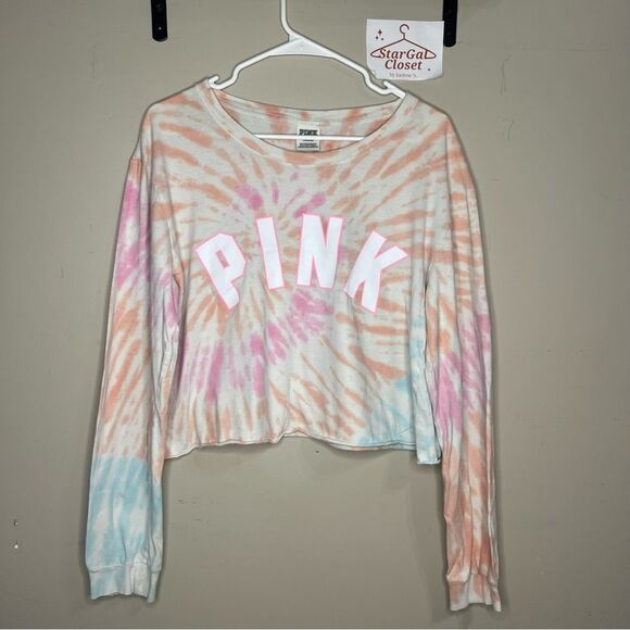 PINK Victoria's Secret Tops - EUC | PINK | Cropped Tie Dye Long Sleeve T-Shirt | Pink Orange Blue | L